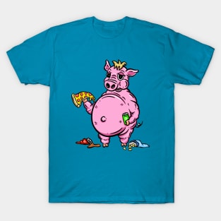 Fat Pig eating Pizza Crisps and Junk Food Logo Mascot Cartoon T-Shirt